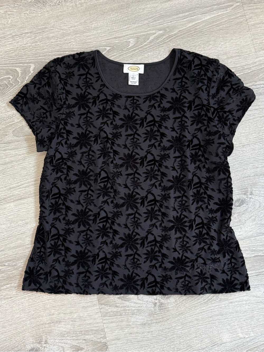 Talbots Black Velvet Floral Burnout Short-Sleeve Top